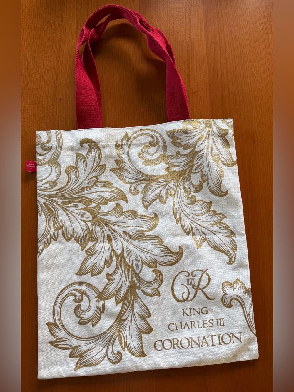King Charles Coronation White & Gold Tote Bag with Red Handles